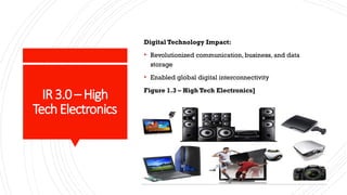 IR3.0 –High
TechElectronics
Digital Technology Impact:
• Revolutionized communication, business, and data
storage
• Enabled global digital interconnectivity
Figure 1.3 – High Tech Electronics]
 