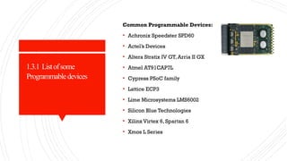 1.3.1 Listofsome
Programmabledevices
Common Programmable Devices:
• Achronix Speedster SPD60
• Actel’s Devices
• Altera Stratix IV GT, Arria II GX
• Atmel AT91CAP7L
• Cypress PSoC family
• Lattice ECP3
• Lime Microsystems LMS6002
• Silicon Blue Technologies
• Xilinx Virtex 6, Spartan 6
• Xmos L Series
 