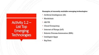 Activity1.2 –
ListTop
Emerging
Technologies
Examples of currently available emerging technologies:
• Artificial Intelligence (AI)
• Blockchain
• AR/VR
• Cloud Computing
• Internet of Things (IoT)
• Robotic Process Automation (RPA)
• Intelligent Apps
• Big Data
 