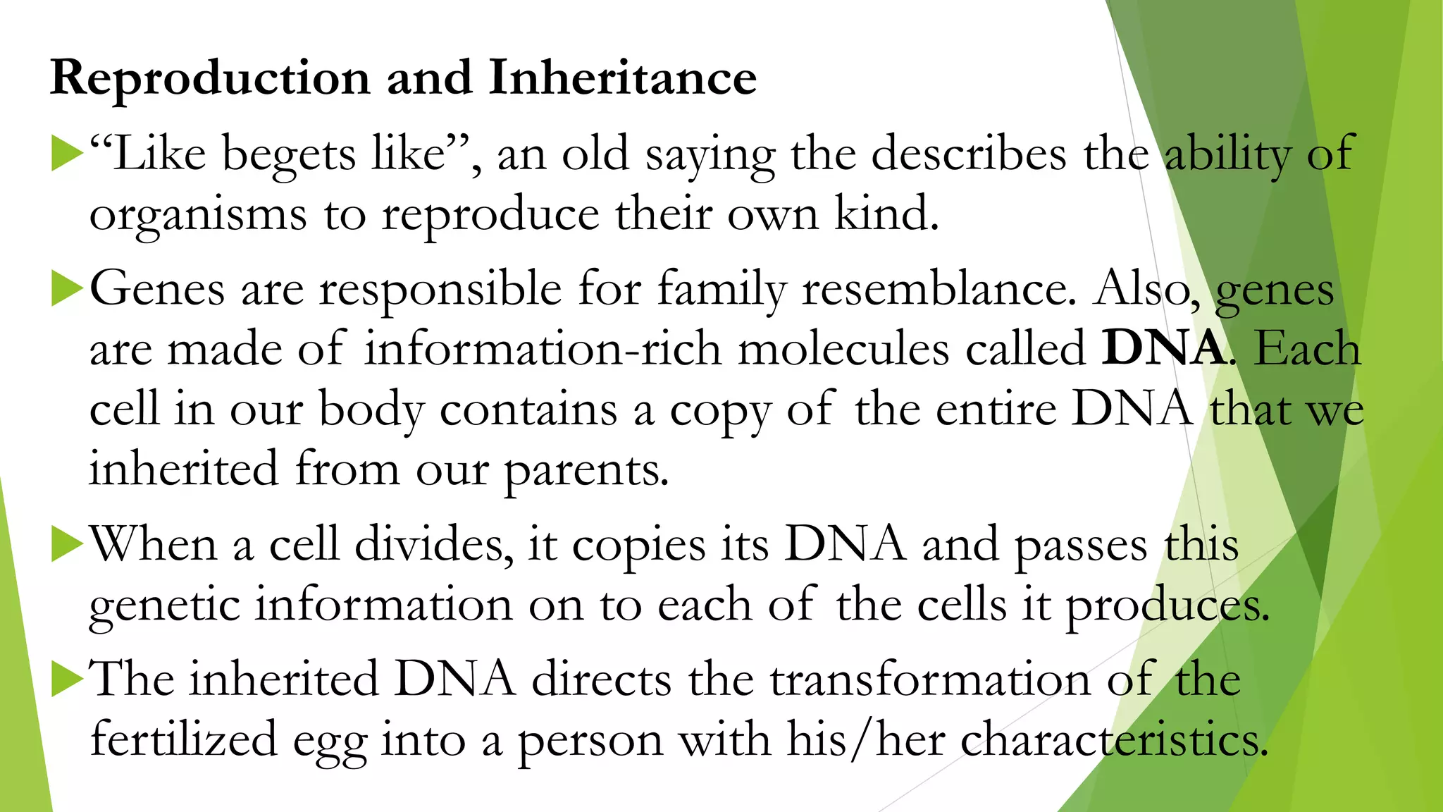 Reproduction and Inheritance
“Like begets like”, an old saying the describes the ability of
organisms to reproduce their own kind.
Genes are responsible for family resemblance. Also, genes
are made of information-rich molecules called DNA. Each
cell in our body contains a copy of the entire DNA that we
inherited from our parents.
When a cell divides, it copies its DNA and passes this
genetic information on to each of the cells it produces.
The inherited DNA directs the transformation of the
fertilized egg into a person with his/her characteristics.
 