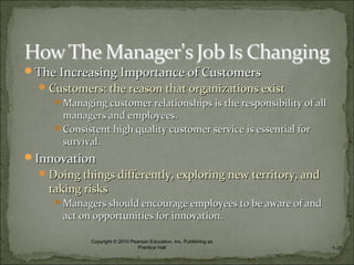The Increasing Importance of CustomersThe Increasing Importance of Customers
Customers: the reason that organizations existCustomers: the reason that organizations exist
Managing customer relationships is the responsibility of allManaging customer relationships is the responsibility of all
managers and employees.managers and employees.
Consistent high quality customer service is essential forConsistent high quality customer service is essential for
survival.survival.
InnovationInnovation
Doing things differently, exploring new territory, andDoing things differently, exploring new territory, and
taking riskstaking risks
Managers should encourage employees to be aware of andManagers should encourage employees to be aware of and
act on opportunities for innovation.act on opportunities for innovation.
1–20
Copyright © 2010 Pearson Education, Inc. Publishing as
Prentice Hall
 