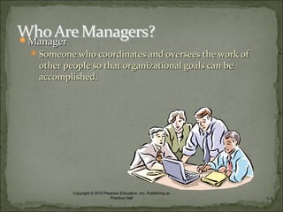 ManagerManager
Someone who coordinates and oversees the work ofSomeone who coordinates and oversees the work of
other people so that organizational goals can beother people so that organizational goals can be
accomplished.accomplished.
1–5
Copyright © 2010 Pearson Education, Inc. Publishing as
Prentice Hall
 