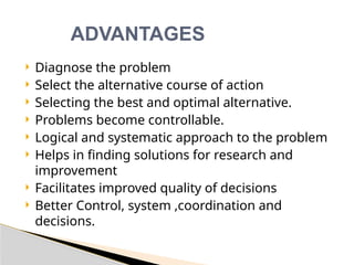  Diagnose the problem
 Select the alternative course of action
 Selecting the best and optimal alternative.
 Problems become controllable.
 Logical and systematic approach to the problem
 Helps in finding solutions for research and
improvement
 Facilitates improved quality of decisions
 Better Control, system ,coordination and
decisions.
ADVANTAGES
 