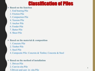 Classification of Piles
 Based on the function
1. End bearing Pile
2. Friction Pile
3. Compaction Pile
4. Tension Pile
5. Anchor Pile
6. Fender Pile
7. Batter Pile
8. Sheet Pile
 Based on the material & composition
1. Concrete Pile
2. Timber Pile
3. Steel Pile
4. Composite Pile: Concrete & Timber, Concrete & Steel
 Based on the method of installation
1. Driven Pile
2. Cast-in-situ Pile
3.Driven and cast- in- situ Pile
8
 