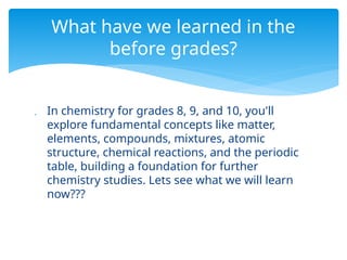  In chemistry for grades 8, 9, and 10, you'll
explore fundamental concepts like matter,
elements, compounds, mixtures, atomic
structure, chemical reactions, and the periodic
table, building a foundation for further
chemistry studies. Lets see what we will learn
now???
What have we learned in the
before grades?
 