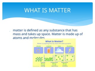  matter is defined as any substance that has
mass and takes up space. Matter is made up of
atoms and molecules.
WHAT IS MATTER
 