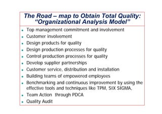 The Road – map to Obtain Total Quality:
“Organizational Analysis Model”
Top management commitment and involvement
Customer involvement
Design products for quality
Design production processes for quality
Control production processes for quality
Develop supplier partnerships
Customer service, distribution and installation
Building teams of empowered employees
Benchmarking and continuous improvement by using the
effective tools and techniques like TPM, SIX SIGMA,
Team Action through PDCA
Quality Audit
 