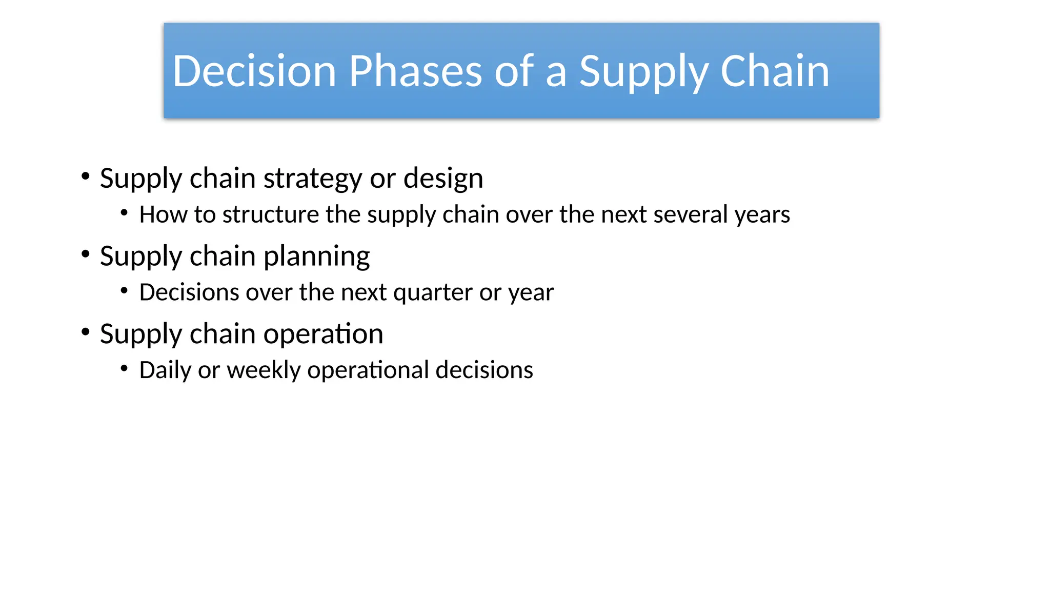 Decision Phases of a Supply Chain
• Supply chain strategy or design
• How to structure the supply chain over the next several years
• Supply chain planning
• Decisions over the next quarter or year
• Supply chain operation
• Daily or weekly operational decisions
 