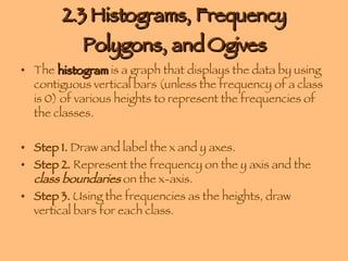2.3 Histograms, Frequency Polygons, and Ogives The  histogram  is a graph that displays the data by using contiguous vertical bars (unless the frequency of a class is 0) of various heights to represent the frequencies of the classes. Step 1.  Draw and label the x and y axes. Step 2.  Represent the frequency on the y axis and the  class boundaries  on the x-axis. Step 3.  Using the frequencies as the heights, draw vertical bars for each class. 