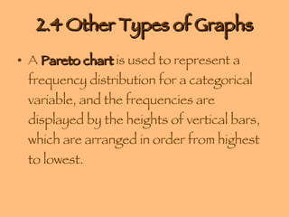 2.4 Other Types of Graphs A  Pareto chart  is used to represent a frequency distribution for a categorical variable, and the frequencies are displayed by the heights of vertical bars, which are arranged in order from highest to lowest. 