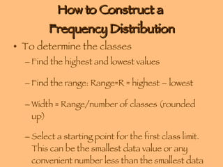 How to Construct a  Frequency Distribution To determine the classes Find the highest and lowest values Find the range: Range=R = highest – lowest Width = Range/number of classes (rounded up) Select a starting point for the first class limit. This can be the smallest data value or any convenient number less than the smallest data value. 
