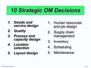 10 Strategic OM Decisions Goods and service design  Quality  Process and capacity design Location selection Layout design Human resources and job design Supply chain management Inventory Scheduling Maintenance 