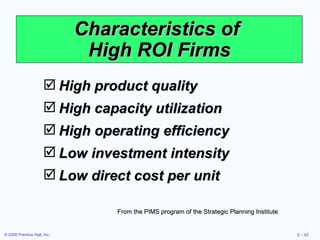 Characteristics of  High ROI Firms High product quality  High capacity utilization High operating efficiency Low investment intensity Low direct cost per unit From the PIMS program of the Strategic Planning Institute 
