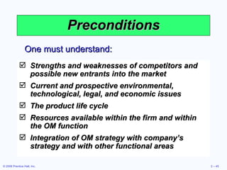 Preconditions Strengths and weaknesses of competitors and possible new entrants into the market Current and prospective environmental, technological, legal, and economic issues The product life cycle Resources available within the firm and within the OM function Integration of OM strategy with company’s strategy and with other functional areas One must understand: 