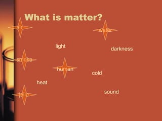 What is matter? air water smoke light heat cold darkness jello sound human 