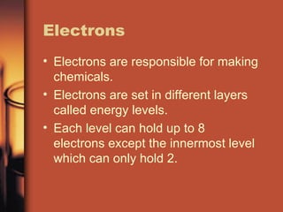 Electrons Electrons are responsible for making chemicals. Electrons are set in different layers called energy levels. Each level can hold up to 8 electrons except the innermost level which can only hold 2. 