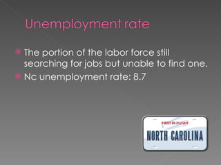 The portion of the labor force still searching for jobs but unable to find one. Nc unemployment rate: 8.7