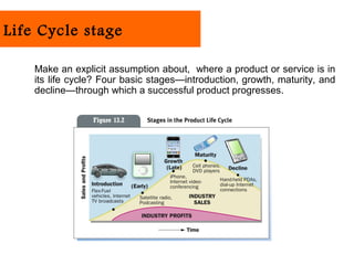 Life Cycle stage

    Make an explicit assumption about, where a product or service is in
    its life cycle? Four basic stages—introduction, growth, maturity, and
    decline—through which a successful product progresses.
 
