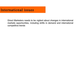 International issues

    Direct Marketers needs to be vigilant about changes in international
    markets opportunities, including shifts in demand and international
    competitive trends
 