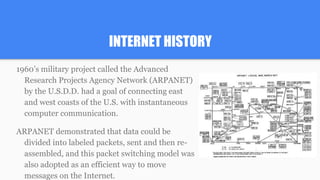 INTERNET HISTORY
1960’s military project called the Advanced
Research Projects Agency Network (ARPANET)
by the U.S.D.D. had a goal of connecting east
and west coasts of the U.S. with instantaneous
computer communication.
ARPANET demonstrated that data could be
divided into labeled packets, sent and then re-
assembled, and this packet switching model was
also adopted as an efficient way to move
messages on the Internet.
 