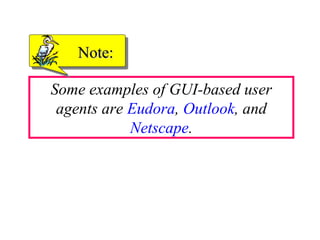 Some examples of GUI-based user
agents are Eudora, Outlook, and
Netscape.
Note:Note:
 