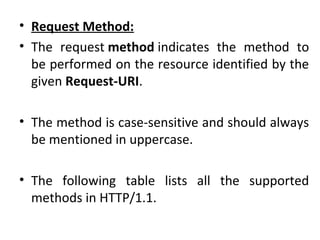 • Request Method:
• The request method indicates the method to
be performed on the resource identified by the
given Request-URI.
• The method is case-sensitive and should always
be mentioned in uppercase.
• The following table lists all the supported
methods in HTTP/1.1.
 