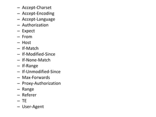 – Accept-Charset
– Accept-Encoding
– Accept-Language
– Authorization
– Expect
– From
– Host
– If-Match
– If-Modified-Since
– If-None-Match
– If-Range
– If-Unmodified-Since
– Max-Forwards
– Proxy-Authorization
– Range
– Referer
– TE
– User-Agent
 