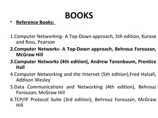 BOOKS
• Reference Books:
1.Computer Networking- A Top-Down approach, 5th edition, Kurose
and Ross, Pearson
2.Computer Networks- A Top-Down approach, Behrouz Forouzan,
McGraw Hill
3.Computer Networks (4th edition), Andrew Tanenbaum, Prentice
Hall
4.Computer Networking and the Internet (5th edition),Fred Halsall,
Addison Wesley
5.Data Communications and Networking (4th edition), Behrouz
Forouzan, McGraw Hill
6.TCP/IP Protocol Suite (3rd edition), Behrouz Forouzan, McGraw
Hill
 