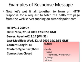 Examples of Response Message
• Now let's put it all together to form an HTTP
response for a request to fetch the hello.htm page
from the web server running on tutorialspoint.com
HTTP/1.1 200 OK
Date: Mon, 27 Jul 2009 12:28:53 GMT
Server: Apache/2.2.14 (Win32)
Last-Modified: Wed, 22 Jul 2009 19:15:56 GMT
Content-Length: 88
Content-Type: text/html
Connection: Closed
Output:
<html>
<body>
<h1>Hello , World!</h1>
</body>
</html>
Output:
<html>
<body>
<h1>Hello , World!</h1>
</body>
</html>
 