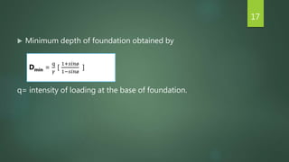  Minimum depth of foundation obtained by
q= intensity of loading at the base of foundation.
17
Dmin =
q
𝛾
[
1+𝑠𝑖𝑛ø
1−𝑠𝑖𝑛ø
]
 