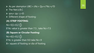  As per skempton UBC= cNc+ Qu=c*Nc+γ*D
 The Net.U.B.C
 qnu= qu- γ ∗D
 Different shape of footing:
(A) STRIP FOOTING:
Nc=5[1+0.2 [
𝐷
𝐵
]
If Nc value is greater than 7.5 , take Nc=7.5
(B) Square or Circular Footing:
Nc=6[1+0.2 [
𝐷
𝐵
]
If Nc is greater than 9.0 take Nc=9
B= square of footing or dia of footing
36
 