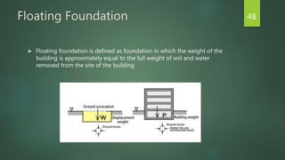 Floating Foundation
 Floating foundation is defined as foundation in which the weight of the
building is approximately equal to the full weight of soil and water
removed from the site of the building
48
 