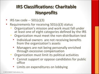 © 2014 SAGE Publications, Inc.
IRS Classifications: CharitableIRS Classifications: Charitable
NonprofitsNonprofits
• IRS tax code -- 501(c)(3)
• Requirements for receiving 501(c)(3) status
• Organization’s mission and work must fall under
at least one of eight categories defined by the IRS
• Organization must meet the non-distribution test
• Individual owners are not receiving benefits
from the organization’s assets
• Managers are not being personally enriched
through excessive compensation
• Organization must limit its political activities
• Cannot support or oppose candidates for public
office
• Limits on expenditures on lobbying
 