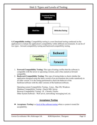 Unit 2: Types and Levels of Testing
Course Co-ordinator: Mrs. Kshirsagar S.R. M.M.Polytechnic , Thergaon Page 13
4. Compatibility testing: Compatibility testing is a non-functional testing conducted on the
application to evaluate the application's compatibility within different environments. It can be of
two types - forward compatibility testing and backward compatibility testing.
1. Forward Compatibility Testing: This type of testing verifies that the software is
compatible with the newer or upcoming versions, and is thus named as forward
compatible.
2. Backward Compatibility Testing: This type of testing helps to check whether the
application designed using the latest version of an environment also works seamlessly in
an older version. It is the testing performed to check the behavior of the
hardware/software with the older versions of the hardware/software.
Operating system Compatibility Testing - Linux , Mac OS, Windows
Database Compatibility Testing - Oracle SQL Server
Browser Compatibility Testing - IE , Chrome, Firefox
Other System Software - Web server, networking/ messaging tool, etc.
Acceptance Testing
 Acceptance Testing is a level of the software testing where a system is tested for
acceptability.
 