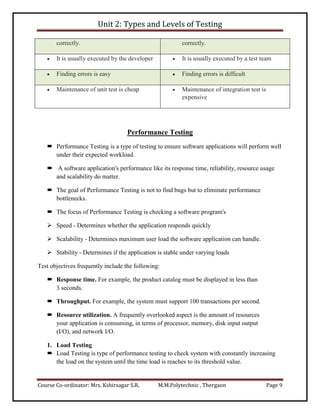 Unit 2: Types and Levels of Testing
Course Co-ordinator: Mrs. Kshirsagar S.R. M.M.Polytechnic , Thergaon Page 9
correctly. correctly.
 It is usually executed by the developer  It is usually executed by a test team
 Finding errors is easy  Finding errors is difficult
 Maintenance of unit test is cheap  Maintenance of integration test is
expensive
Performance Testing
 Performance Testing is a type of testing to ensure software applications will perform well
under their expected workload.
 A software application's performance like its response time, reliability, resource usage
and scalability do matter.
 The goal of Performance Testing is not to find bugs but to eliminate performance
bottlenecks.
 The focus of Performance Testing is checking a software program's
 Speed - Determines whether the application responds quickly
 Scalability - Determines maximum user load the software application can handle.
 Stability - Determines if the application is stable under varying loads
Test objectives frequently include the following:
 Response time. For example, the product catalog must be displayed in less than
3 seconds.
 Throughput. For example, the system must support 100 transactions per second.
 Resource utilization. A frequently overlooked aspect is the amount of resources
your application is consuming, in terms of processor, memory, disk input output
(I/O), and network I/O.
1. Load Testing
 Load Testing is type of performance testing to check system with constantly increasing
the load on the system until the time load is reaches to its threshold value.
 