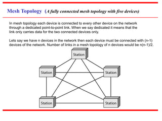 Mesh Topology (A fully connected mesh topology with five devices)
In mesh topology each device is connected to every other device on the network
through a dedicated point-to-point link. When we say dedicated it means that the
link only carries data for the two connected devices only.
Lets say we have n devices in the network then each device must be connected with (n-1)
devices of the network. Number of links in a mesh topology of n devices would be n(n-1)/2.
 