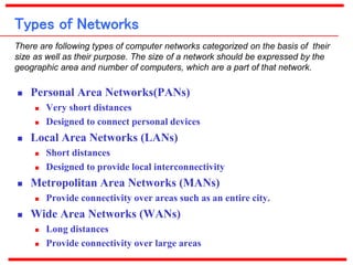 Types of Networks
 Personal Area Networks(PANs)
 Very short distances
 Designed to connect personal devices
 Local Area Networks (LANs)
 Short distances
 Designed to provide local interconnectivity
 Metropolitan Area Networks (MANs)
 Provide connectivity over areas such as an entire city.
 Wide Area Networks (WANs)
 Long distances
 Provide connectivity over large areas
There are following types of computer networks categorized on the basis of their
size as well as their purpose. The size of a network should be expressed by the
geographic area and number of computers, which are a part of that network.
 