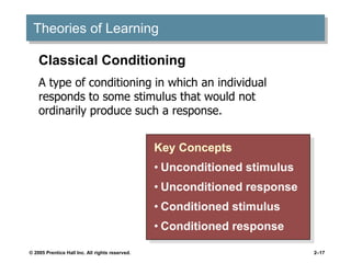© 2005 Prentice Hall Inc. All rights reserved. 2–17
Theories of Learning
Key Concepts
• Unconditioned stimulus
• Unconditioned response
• Conditioned stimulus
• Conditioned response
Classical Conditioning
A type of conditioning in which an individual
responds to some stimulus that would not
ordinarily produce such a response.
 