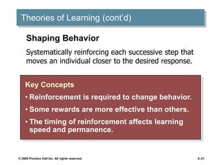 © 2005 Prentice Hall Inc. All rights reserved. 2–21
Theories of Learning (cont’d)
Key Concepts
• Reinforcement is required to change behavior.
• Some rewards are more effective than others.
• The timing of reinforcement affects learning
speed and permanence.
Shaping Behavior
Systematically reinforcing each successive step that
moves an individual closer to the desired response.
 