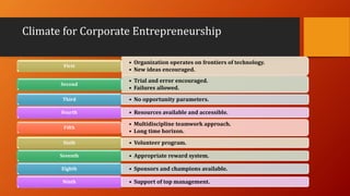Climate for Corporate Entrepreneurship
• Organization operates on frontiers of technology.
• New ideas encouraged.
First
•...