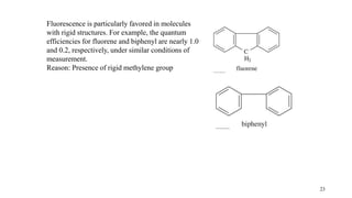 23
Fluorescence is particularly favored in molecules
with rigid structures. For example, the quantum
efficiencies for fluorene and biphenyl are nearly 1.0
and 0.2, respectively, under similar conditions of
measurement.
Reason: Presence of rigid methylene group
 