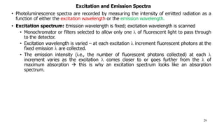 Excitation and Emission Spectra
• Photoluminescence spectra are recorded by measuring the intensity of emitted radiation as a
function of either the excitation wavelength or the emission wavelength.
• Excitation spectrum: Emission wavelength is fixed; excitation wavelength is scanned
• Monochromator or filters selected to allow only one  of fluorescent light to pass through
to the detector.
• Excitation wavelength is varied – at each excitation  increment fluorescent photons at the
fixed emission  are collected.
• The emission intensity (i.e., the number of fluorescent photons collected) at each 
increment varies as the excitation  comes closer to or goes further from the  of
maximum absorption  this is why an excitation spectrum looks like an absorption
spectrum.
26
 