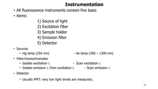 Instrumentation
• All fluorescence instruments contain five basic
• items:
1) Source of light
2) Excitation filter
3) Sample holder
4) Emission filter
5) Detector
• Sources
• Hg lamp (254 nm) - Xe lamp (300 – 1300 nm)
• Filter/monochromator
• Isolate excitation  - Scan excitation 
• Isolate emission  from excitation  - Scan emission 
• Detector
• Usually PMT: very low light levels are measured.
29
 
