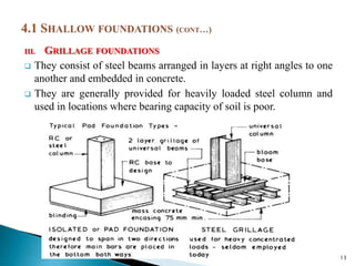 III. GRILLAGE FOUNDATIONS
 They consist of steel beams arranged in layers at right angles to one
another and embedded in concrete.
 They are generally provided for heavily loaded steel column and
used in locations where bearing capacity of soil is poor.
13
 