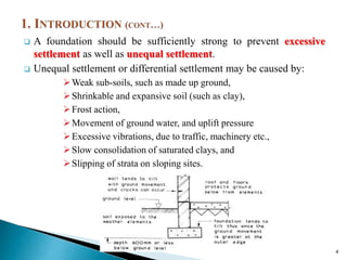  A foundation should be sufficiently strong to prevent excessive
settlement as well as unequal settlement.
 Unequal settlement or differential settlement may be caused by:
Weak sub-soils, such as made up ground,
Shrinkable and expansive soil (such as clay),
Frost action,
Movement of ground water, and uplift pressure
Excessive vibrations, due to traffic, machinery etc.,
Slow consolidation of saturated clays, and
Slipping of strata on sloping sites.
4
 