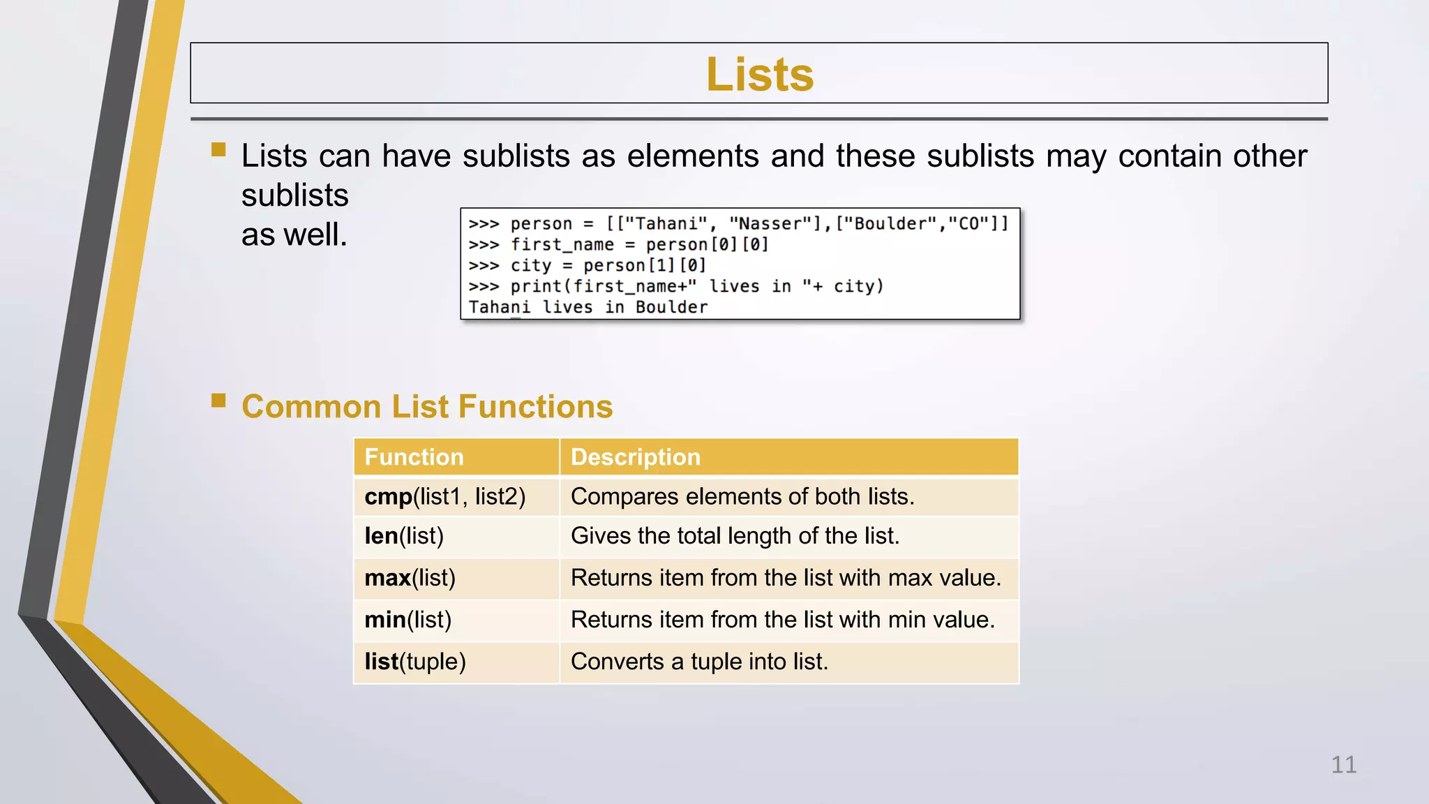 Lists
 Lists can have sublists as elements and these sublists may contain other
sublists
as well.
 Common List Functions
Function Description
cmp(list1, list2) Compares elements of both lists.
len(list) Gives the total length of the list.
max(list) Returns item from the list with max value.
min(list) Returns item from the list with min value.
list(tuple) Converts a tuple into list.
11
 