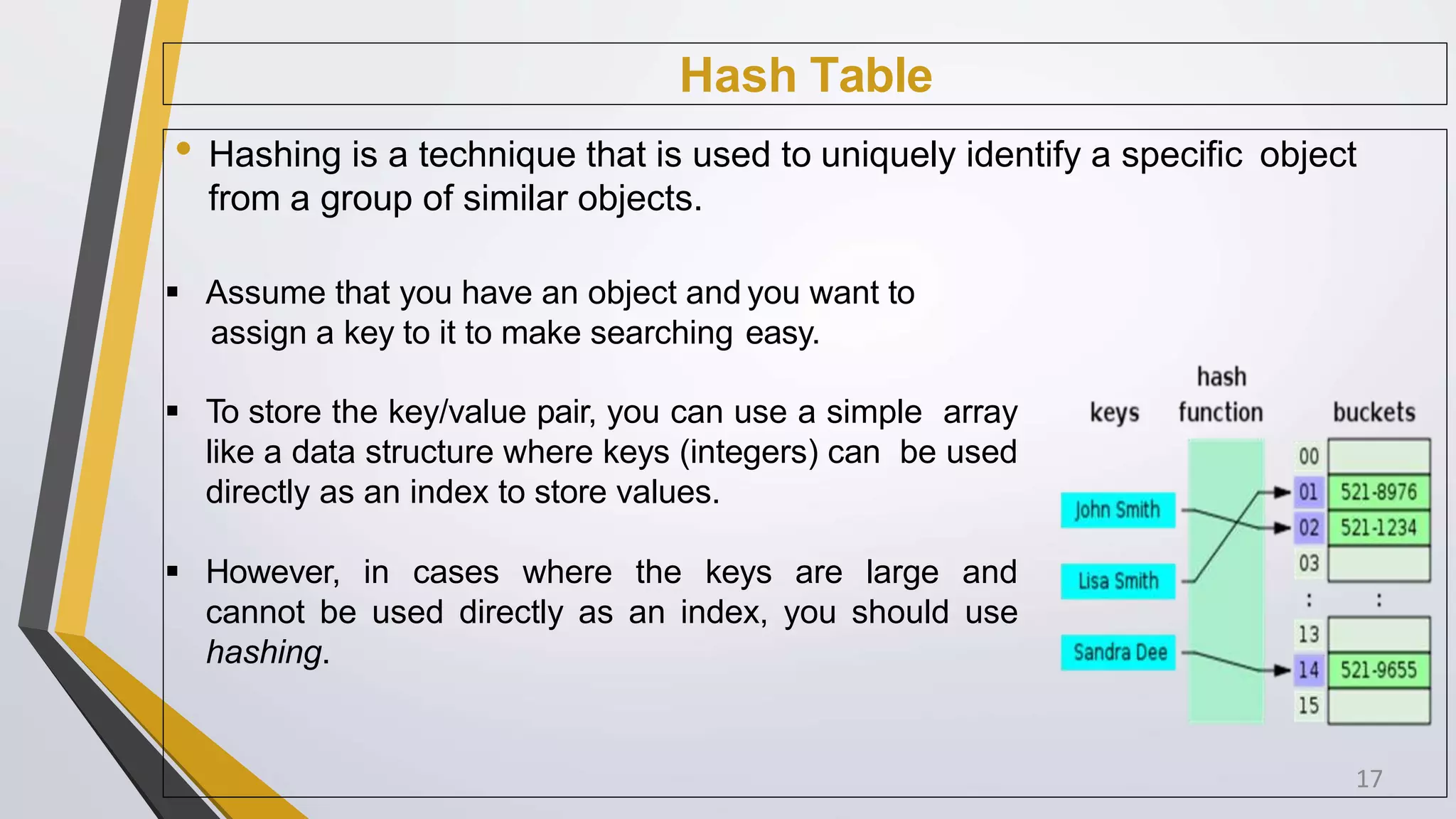 • Hashing is a technique that is used to uniquely identify a specific object
from a group of similar objects.
 Assume that you have an object and you want to
assign a key to it to make searching easy.
 To store the key/value pair, you can use a simple array
like a data structure where keys (integers) can be used
directly as an index to store values.
 However, in cases where the keys are large and
cannot be used directly as an index, you should use
hashing.
Hash Table
17
 