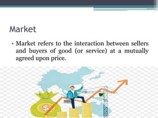 Market
• Market refers to the interaction between sellers
and buyers of good (or service) at a mutually
agreed upon price.
 