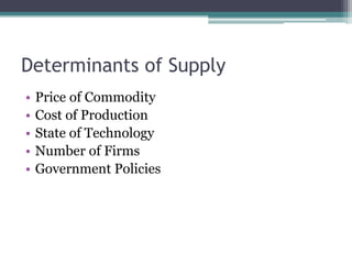 Determinants of Supply
• Price of Commodity
• Cost of Production
• State of Technology
• Number of Firms
• Government Policies
 