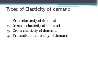 Types of Elasticity of demand
1. Price elasticity of demand
2. Income elasticity of demand
3. Cross elasticity of demand
4. Promotional elasticity of demand
 